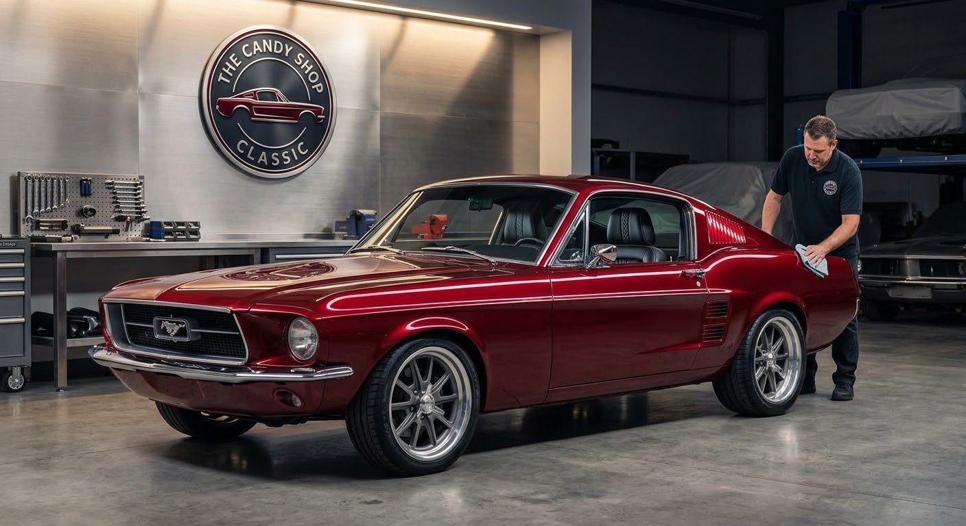 Candy-red 1967 fastback being detailed in The Candy Shop Classic workshop